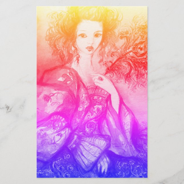 ROMANTIC LADY WITH PEACOCK FEATHER Pink Blue Stationery (Front)