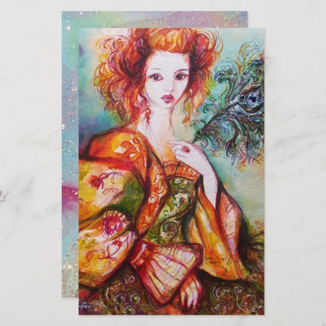 ROMANTIC LADY WITH PEACOCK FEATHER STATIONERY (Front/Back)
