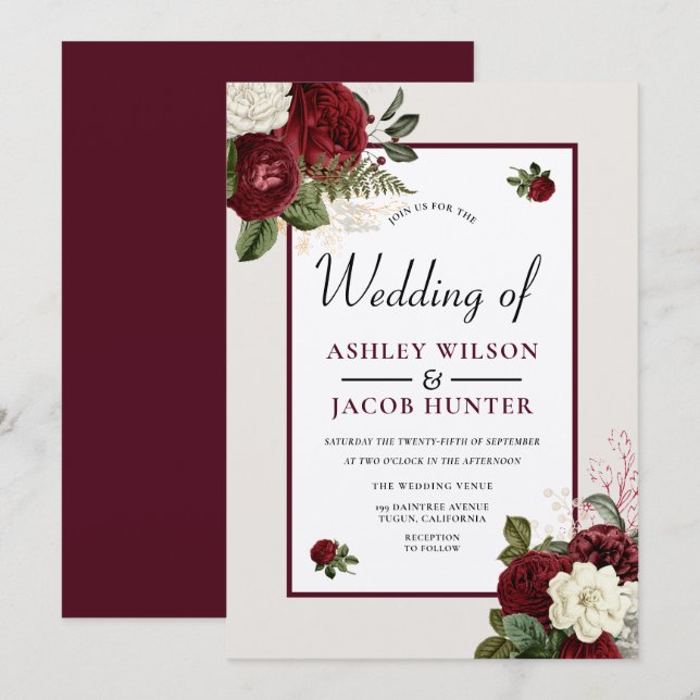 Romantic Laid Burgundy Floral Wedding Invite (Front/Back)