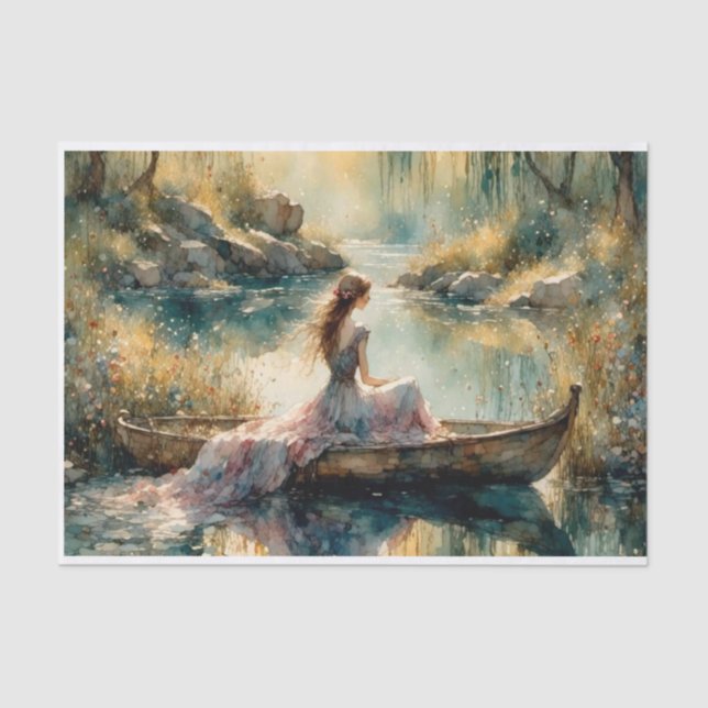Romantic Lake Girl in Wooden Boat Decoupage Tissue Paper (Front)