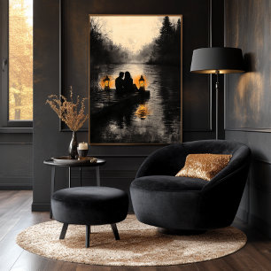 Romantic Lake Sunset in Monochrome Style Poster