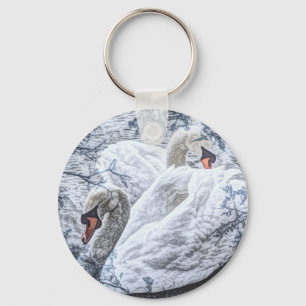 romantic lake swimming white swan key ring