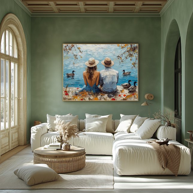 Romantic Lakeside Scene with Ducks and Couple Poster (Creator Uploaded)