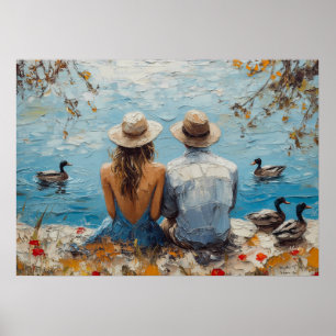 Romantic Lakeside Scene with Ducks and Couple Poster