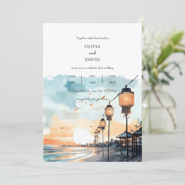 Romantic Lanterns Sunset Glow Beachscape Wedding  Invitation (Standing Front)