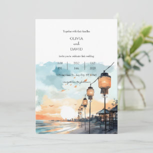 Romantic Lanterns Sunset Glow Beachscape Wedding  Invitation