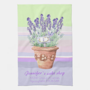 Romantic lavender and name on striped pastel bg st tea towel