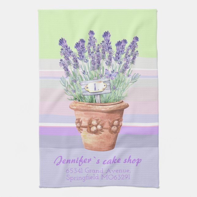 Romantic lavender and name on striped pastel bg st tea towel (Vertical)
