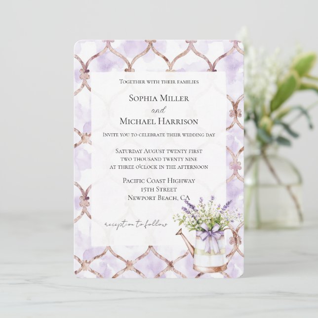 Romantic Lavender Floral Bow Wedding Invitation (Standing Front)