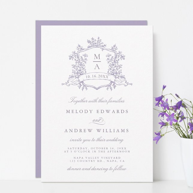 Romantic Lavender Floral Crest Wedding Invitation (Creator Uploaded)