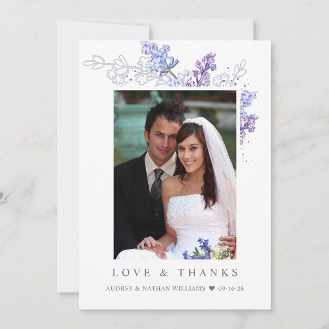 Romantic Lavender Floral Photo Wedding Thank You (Front)