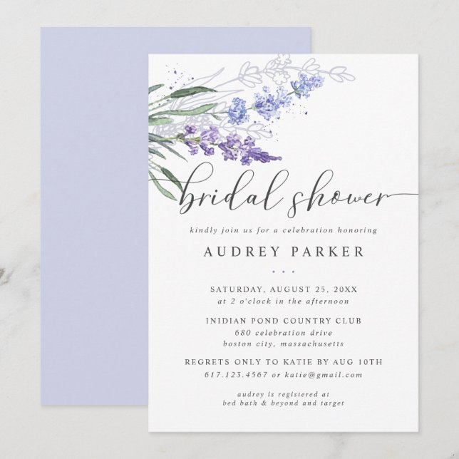 Romantic Lavender Floral Watercolor Bridal Shower Invitation (Front/Back)