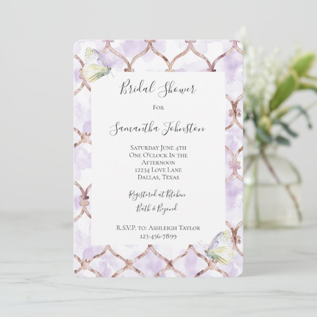 Romantic Lavender Green Butterflies Bridal Shower Invitation (Standing Front)