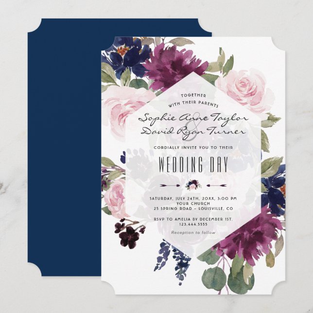 Romantic Lavender Navy Blue Floral Bloom Wedding Invitation (Front/Back)