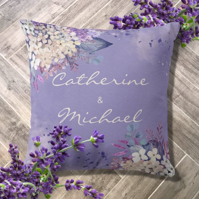Romantic Lavender Watercolor Floral Spring Wedding Cushion (Creator Uploaded)
