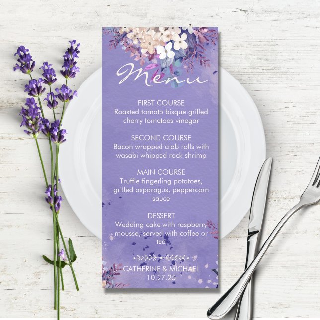 Romantic Lavender Watercolor Floral Spring Wedding Menu (Creator Uploaded)