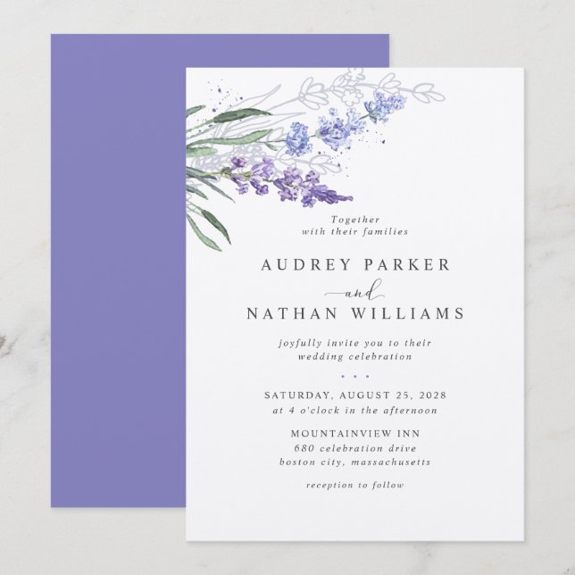 Romantic Lavender Watercolor Floral Wedding Invitation (Front/Back)