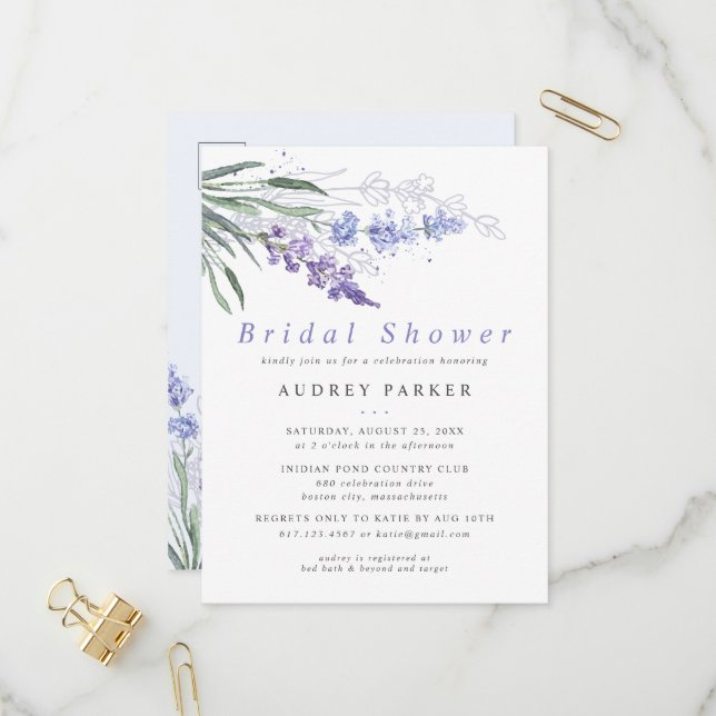 Romantic Lavender Watercolor Floral Wedding Invitation Postcard (Front/Back In Situ)