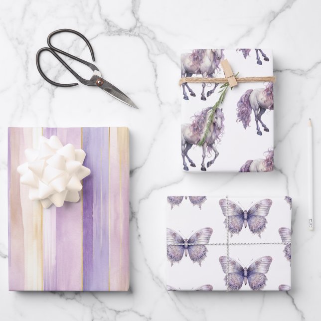 Romantic Lavender White Horse Stripes Birthday Wrapping Paper Sheet (Front)