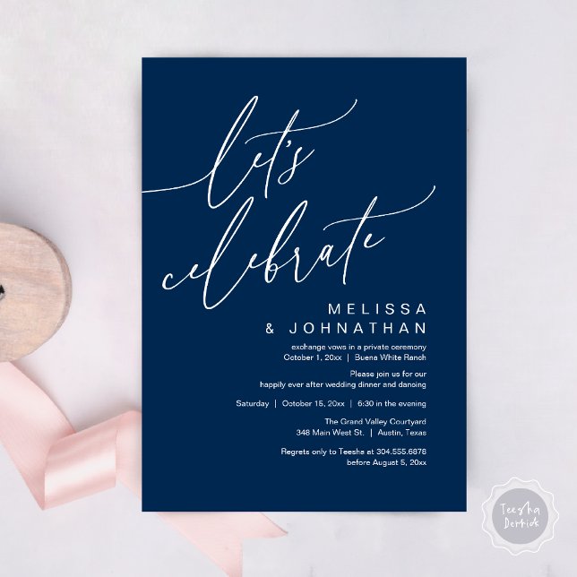 Romantic Let's Celebrate Wedding Elopement Party Invitation (Let's Celebrate, Romantic Charm Wedding Elopement Dinner Party Brunch Invites Card PDF Navy Blue)