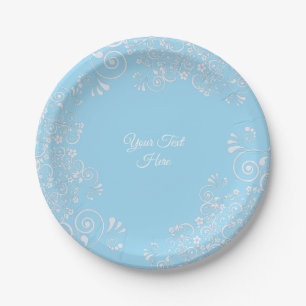 Romantic Light Blue and White Flourishes Custom Paper Plate