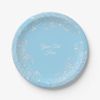 Romantic Light Blue and White Flourishes Custom Paper Plate
