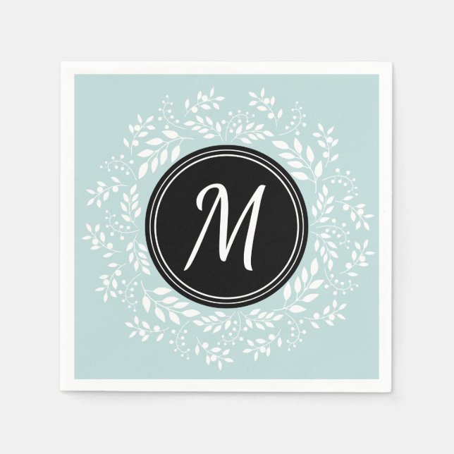 Romantic light blue Floral Wreath Custom Monogram Napkin (Front)