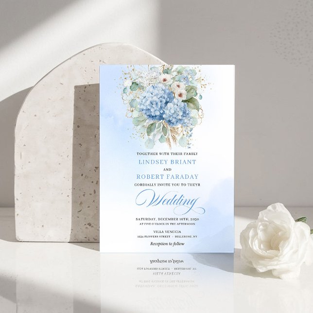Romantic Light Blue Hydrangea Gold Wedding Invite (Romantic Light Blue Hydrangea Gold Wedding Invite)
