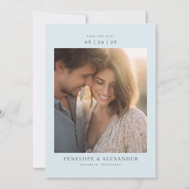 Romantic Light Blue Photo Save The Date (Front)
