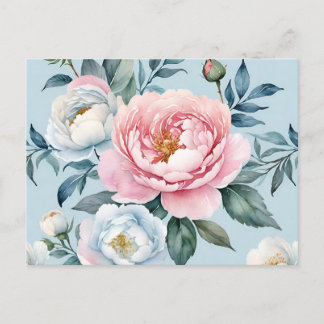 Romantic Light Blue Pink Peony Floral  Postcard