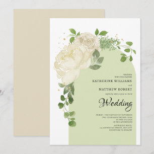 Romantic Light Green Cream Roses Boho Floral Arch Invitation