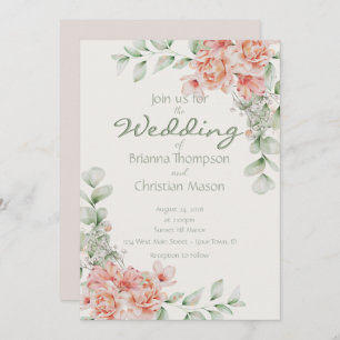 Romantic Light Peach Cream and Sage Green Floral Invitation