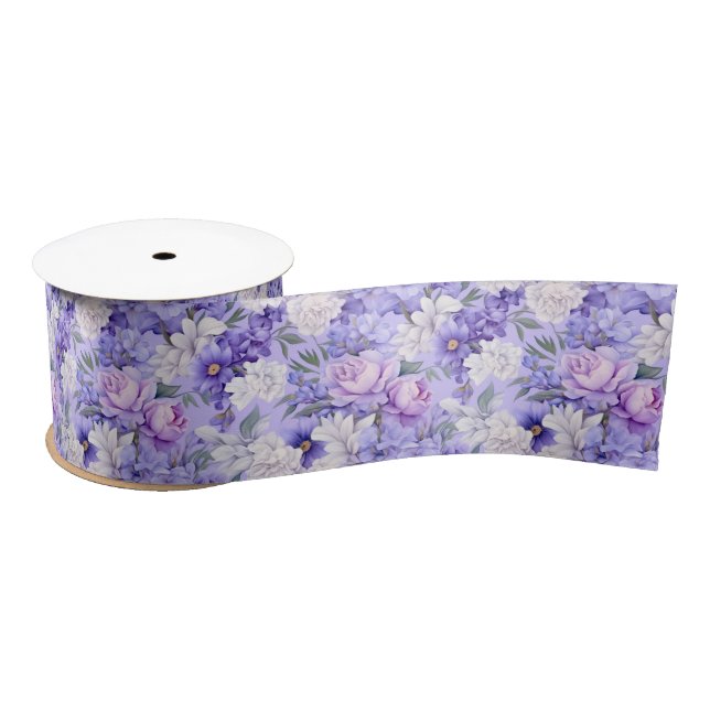 Romantic light purple flowers satin ribbon (Spool)