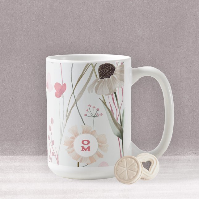 Romantic Light Wildflower Monogram Pink Green Coffee Mug (Romantic Mauve Sage Floral Monogram Coffee Mug ©Susanne Sachers - Sunny Mind Design 🌞)