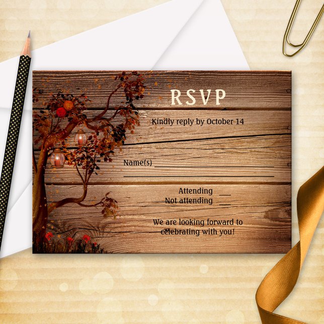 Romantic Lights Fall Wedding RSVP Card (RSVP card featuring an autumn tree with fall leaves, roses and candle lit lanterns on rustic wood)