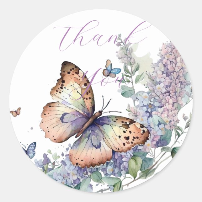 Romantic lilac butterfly thank you  classic round sticker (Front)