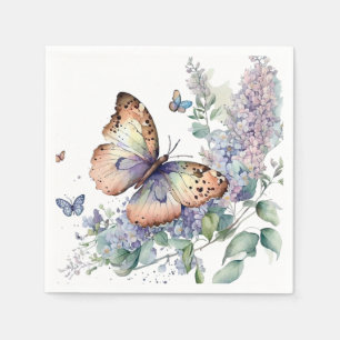 Romantic lilac flowers and butterfly napkin