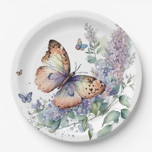 Romantic lilac flowers and butterfly  paper plate