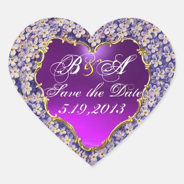 ROMANTIC LILAC HEART MONOGRAM Save the Date Heart Sticker (Front)