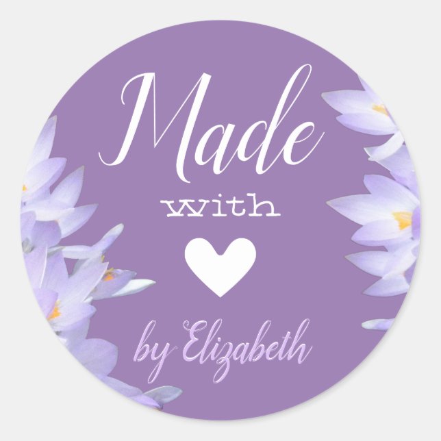 Romantic Lilac Lavender Purple Made with Love Cute Classic Round Sticker (Front)