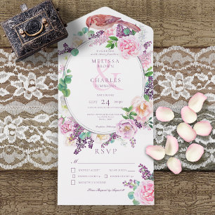 Romantic Lilac & Pink Floral Oval Frame Dinner All In One Invitation