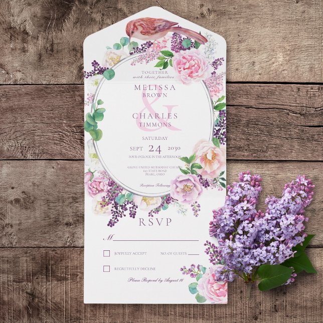 Romantic Lilac & Pink Floral Oval Frame No Dinner All In One Invitation (Romantic Lilac & Pink Floral Oval Frame All In One Wedding Invitation without Dinner Options)
