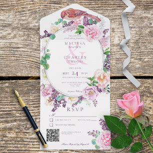 Romantic Lilac & Pink Floral Oval Frame QR Code All In One Invitation