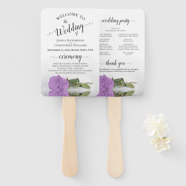 Romantic Lilac Purple Rose Elegant Wedding Program Hand Fan (Front and Back)