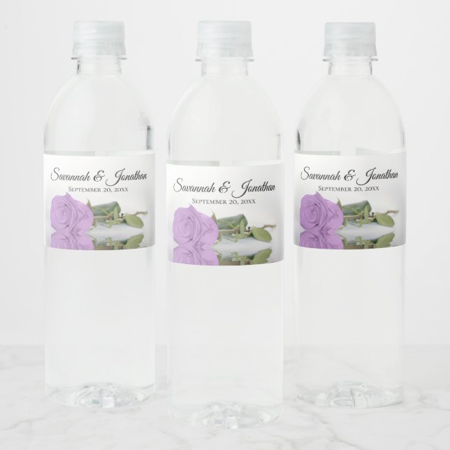 Romantic Lilac Purple Rose Elegant Wedding Water Bottle Label (Bottles)