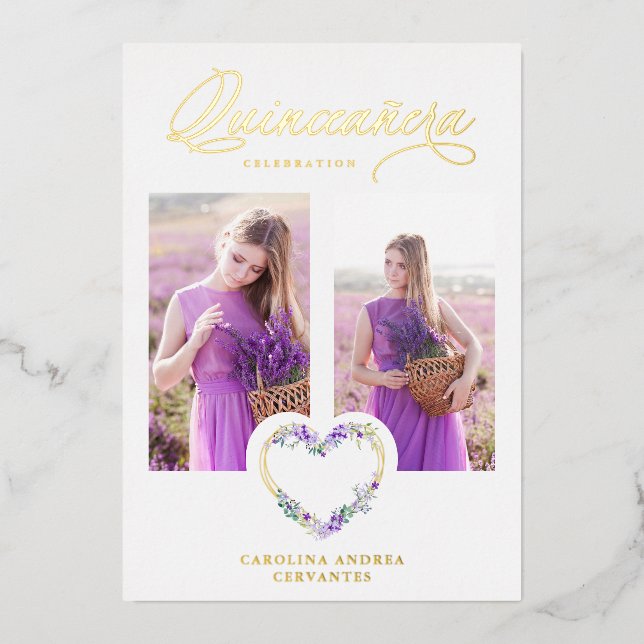 Romantic Lilac Shades Real Gold Floral Heart Photo (Front)