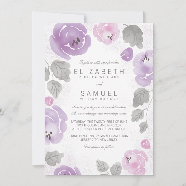 Romantic Lilac Watercolor Roses Wedding Invitation (Front)