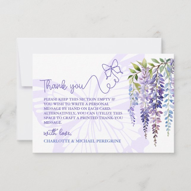 Romantic Lilac Wisteria & Butterfly Floral Wedding Thank You Card (Front)
