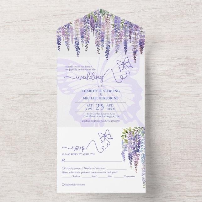 Romantic Lilac Wisteria Fairytale Forest Wedding All In One Invitation (Inside)