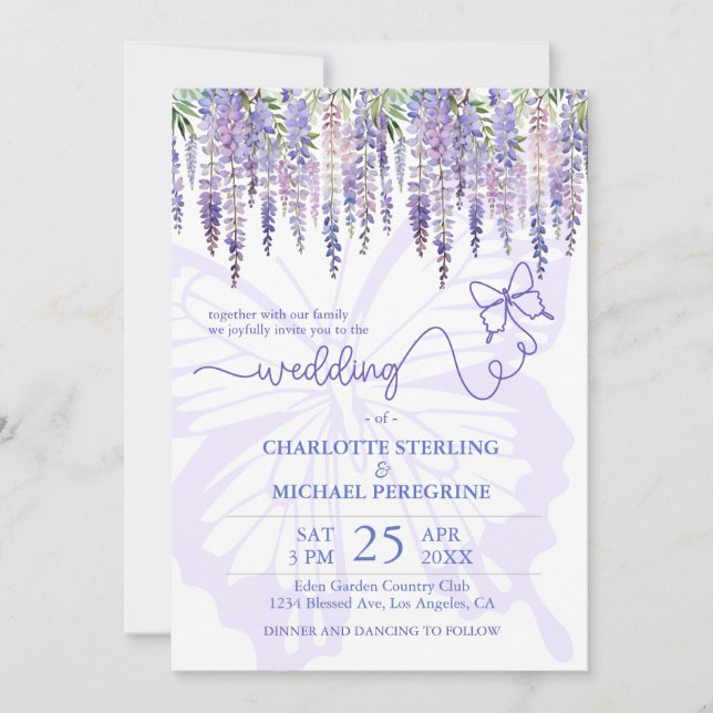Romantic Lilac Wisteria Fairytale Garden Wedding  Invitation (Front)